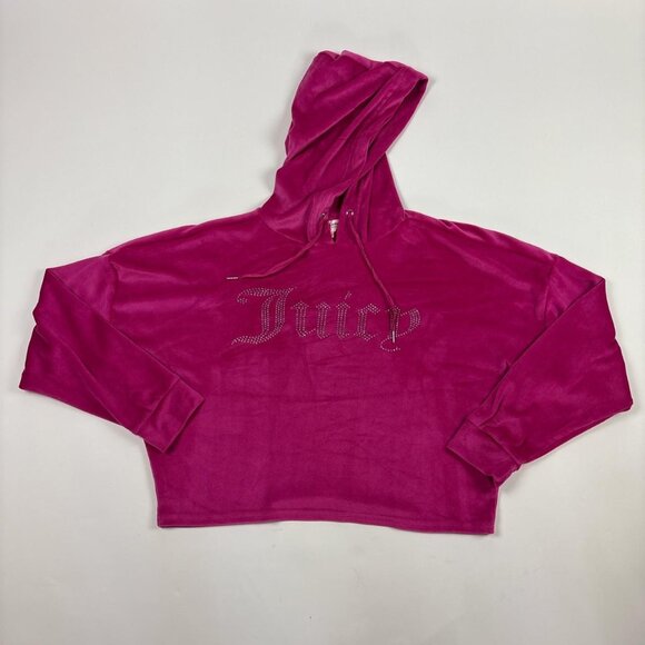 Juicy Couture Pink Velour Hoodie Womens M Cropped Rhinestone Y2K Sleepware - Picture 1 of 7